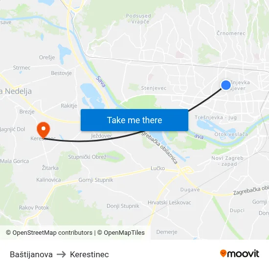 Baštijanova to Kerestinec map