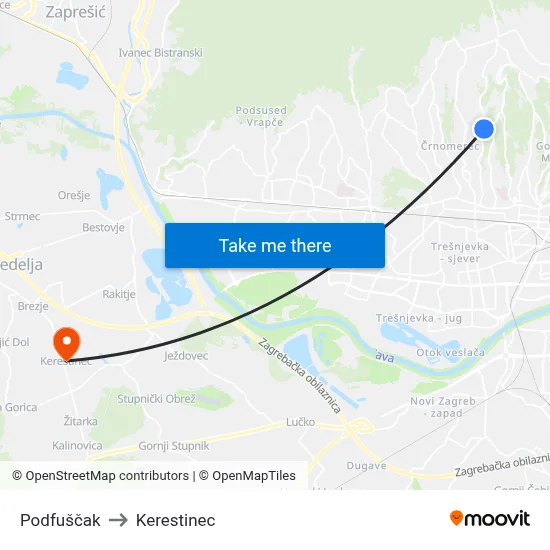 Podfuščak to Kerestinec map