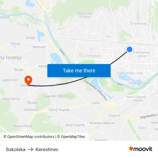 Sokolska to Kerestinec map