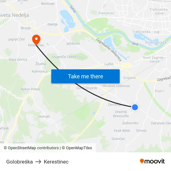Golobreška to Kerestinec map