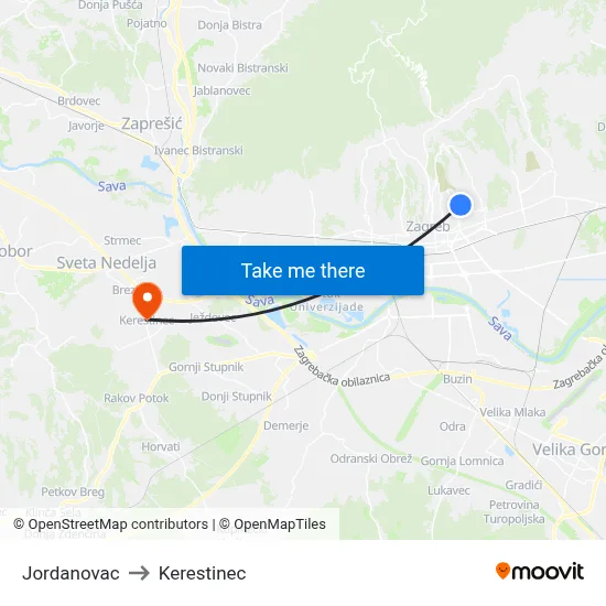 Jordanovac to Kerestinec map