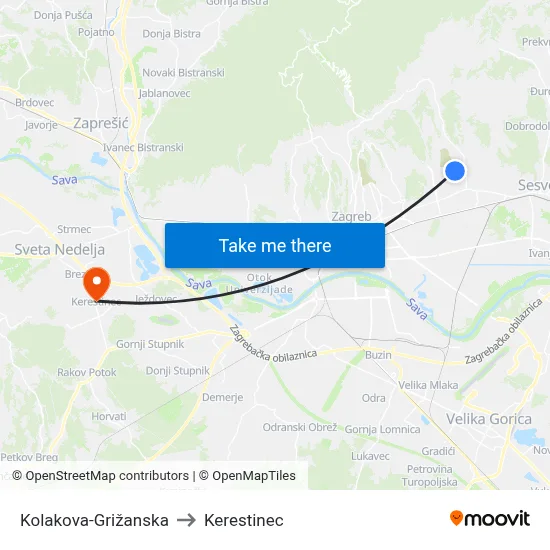 Kolakova-Grižanska to Kerestinec map