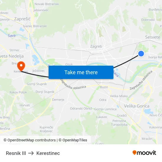 Resnik III to Kerestinec map