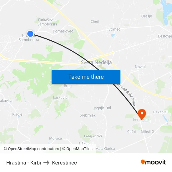 Hrastina - Kirbi to Kerestinec map