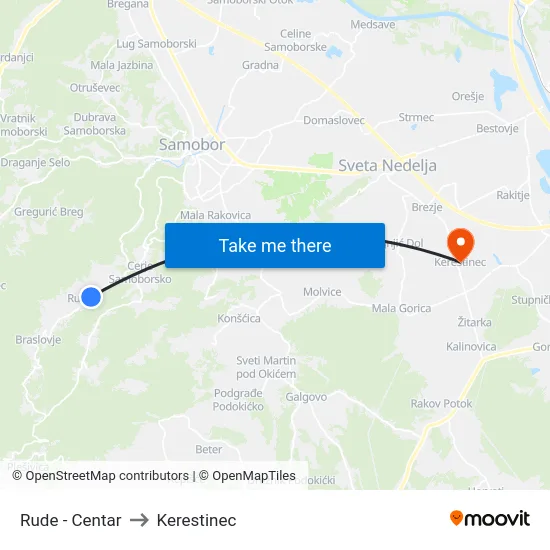 Rude - Centar to Kerestinec map