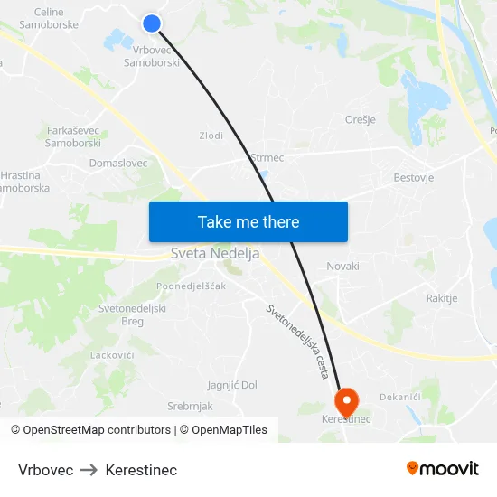 Vrbovec to Kerestinec map