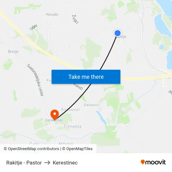 Rakitje - Pastor to Kerestinec map