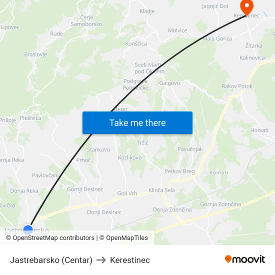 Jastrebarsko (Centar) to Kerestinec map