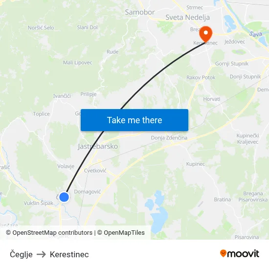 Čeglje to Kerestinec map