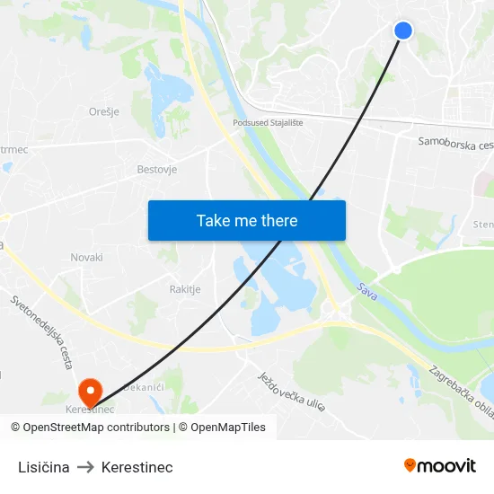 Lisičina to Kerestinec map