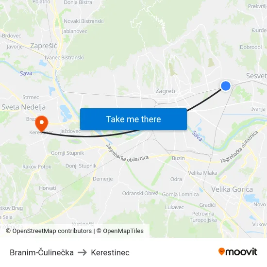 Branim-Čulinečka to Kerestinec map