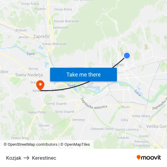 Kozjak to Kerestinec map