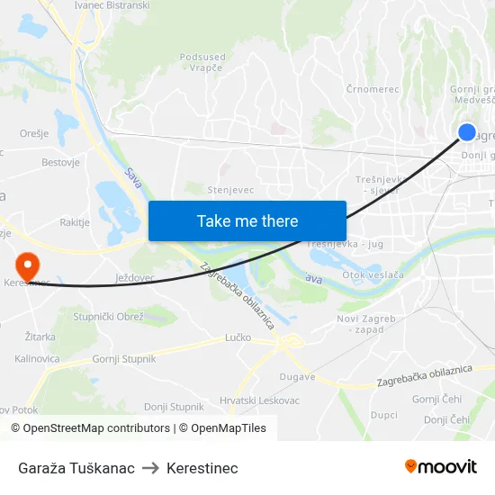 Garaža Tuškanac to Kerestinec map