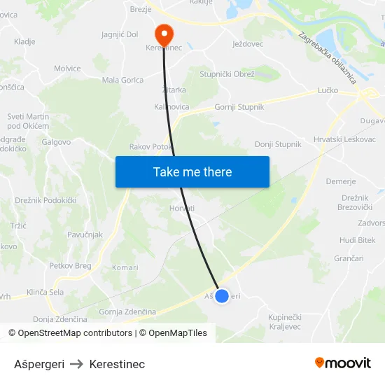 Ašpergeri to Kerestinec map