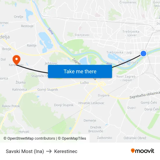 Savski Most (Ina) to Kerestinec map
