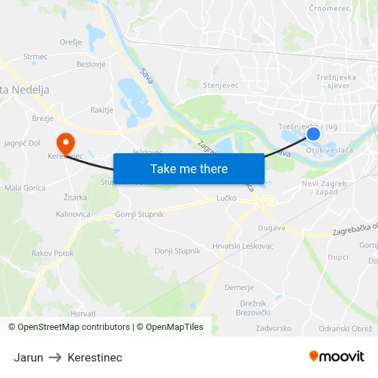 Jarun to Kerestinec map