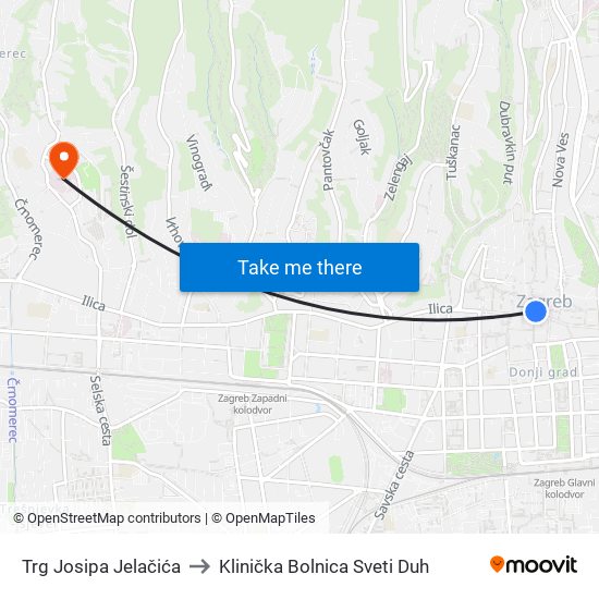 Trg Josipa Jelačića to Klinička Bolnica Sveti Duh map