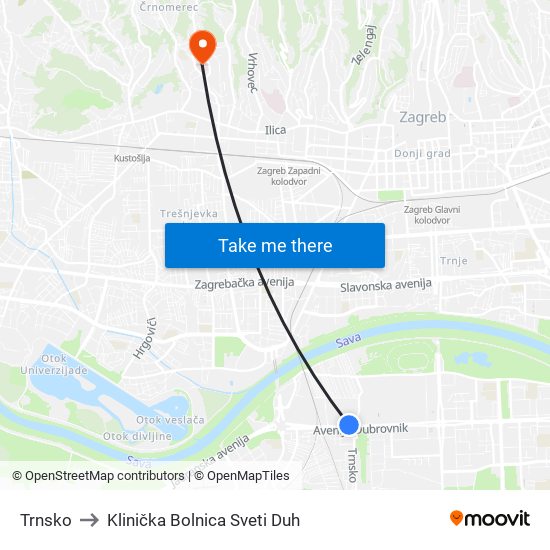 Trnsko to Klinička Bolnica Sveti Duh map