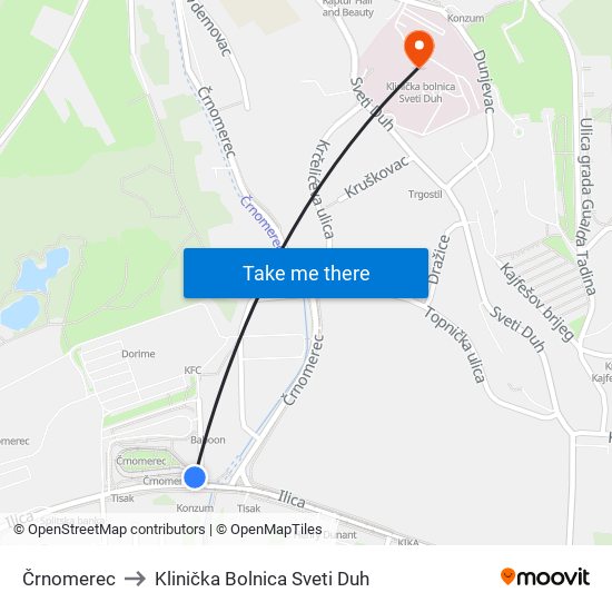 Črnomerec to Klinička Bolnica Sveti Duh map