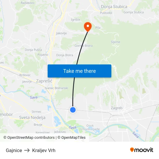 Gajnice to Kraljev Vrh map