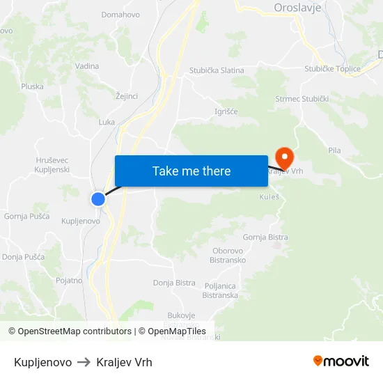 Kupljenovo to Kraljev Vrh map