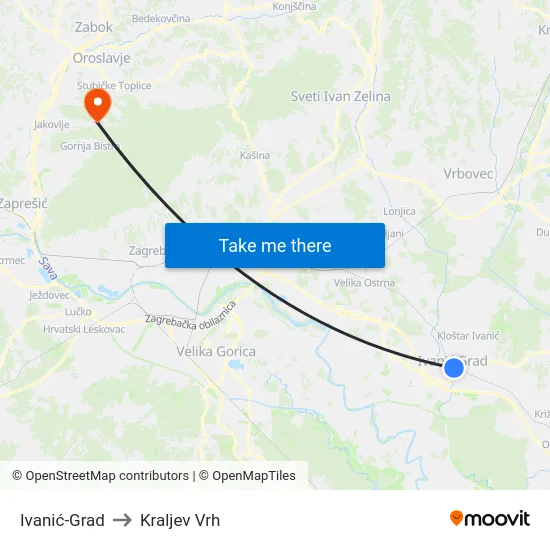 Ivanić-Grad to Kraljev Vrh map