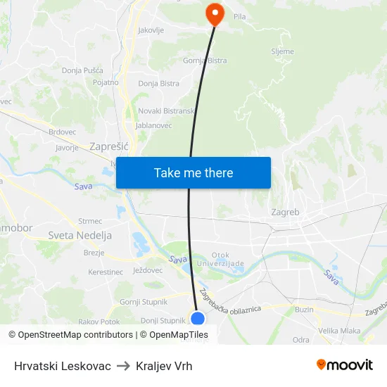 Hrvatski Leskovac to Kraljev Vrh map