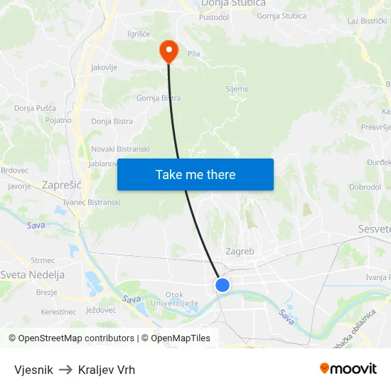 Vjesnik to Kraljev Vrh map