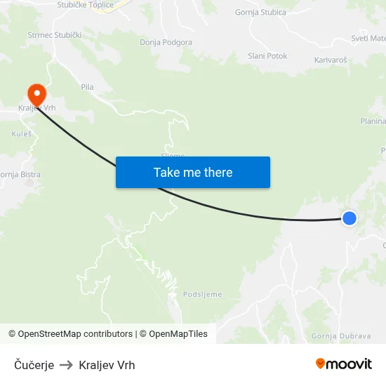 Čučerje to Kraljev Vrh map