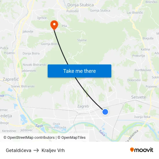 Getaldićeva to Kraljev Vrh map