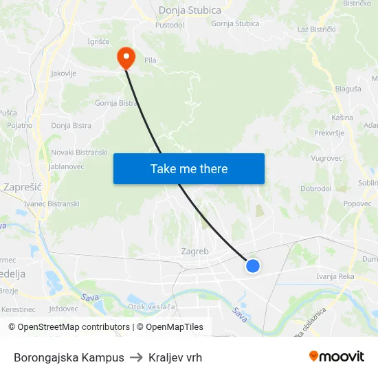 Borongajska Kampus to Kraljev vrh map