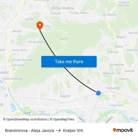 Branimirova - Aleja Javora to Kraljev Vrh map