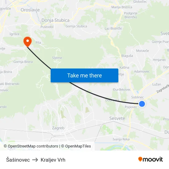 Šašinovec to Kraljev Vrh map