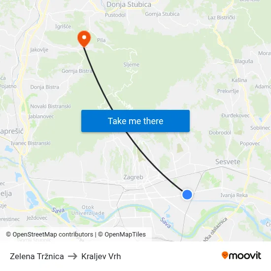 Zelena Tržnica to Kraljev Vrh map