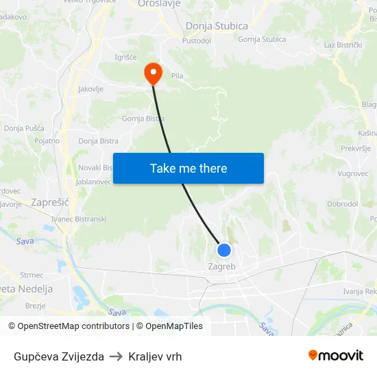 Gupčeva Zvijezda to Kraljev vrh map
