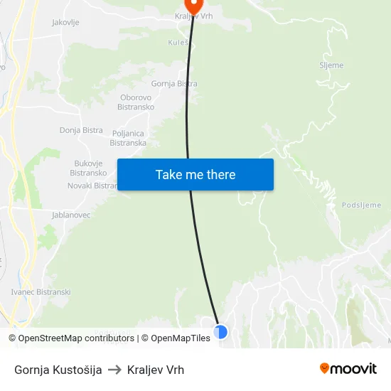 Gornja Kustošija to Kraljev Vrh map