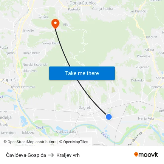 Čavićeva-Gospića to Kraljev vrh map