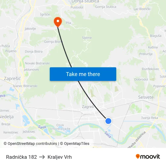 Radnička 182 to Kraljev Vrh map