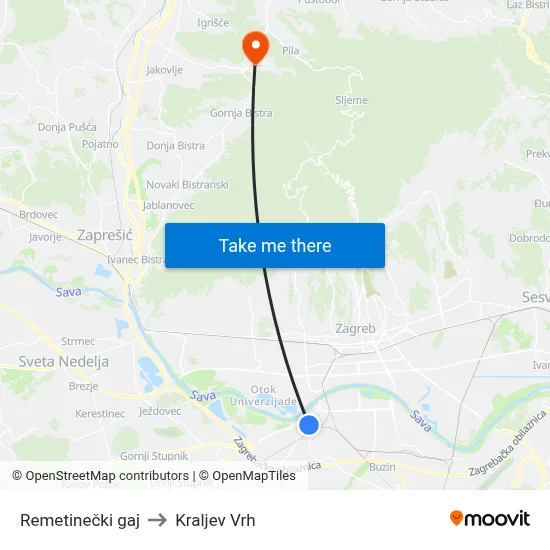 Remetinečki gaj to Kraljev Vrh map