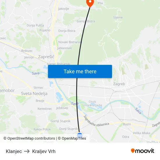 Klanjec to Kraljev Vrh map