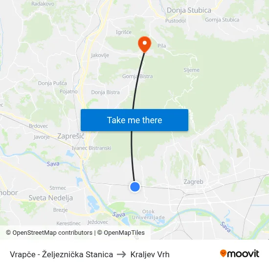 Vrapče - Željeznička Stanica to Kraljev Vrh map