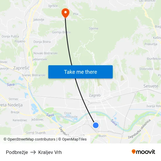 Podbrežje to Kraljev Vrh map