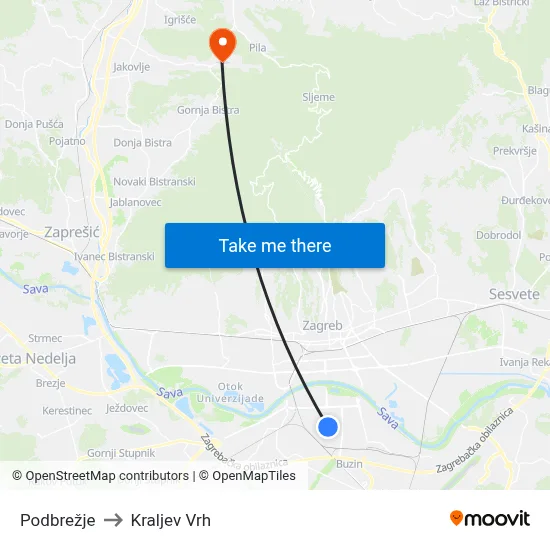 Podbrežje to Kraljev Vrh map