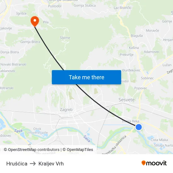 Hrušćica to Kraljev Vrh map