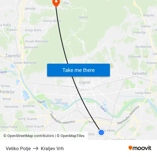 Veliko Polje to Kraljev Vrh map
