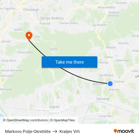 Markovo Polje-Okretište to Kraljev Vrh map