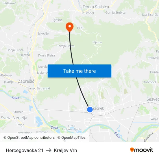 Hercegovačka 21 to Kraljev Vrh map