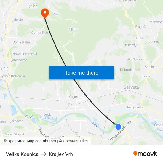 Velika Kosnica to Kraljev Vrh map