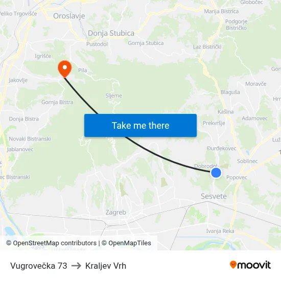 Vugrovečka 73 to Kraljev Vrh map