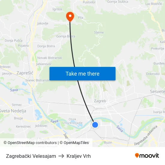 Zagrebački Velesajam to Kraljev Vrh map